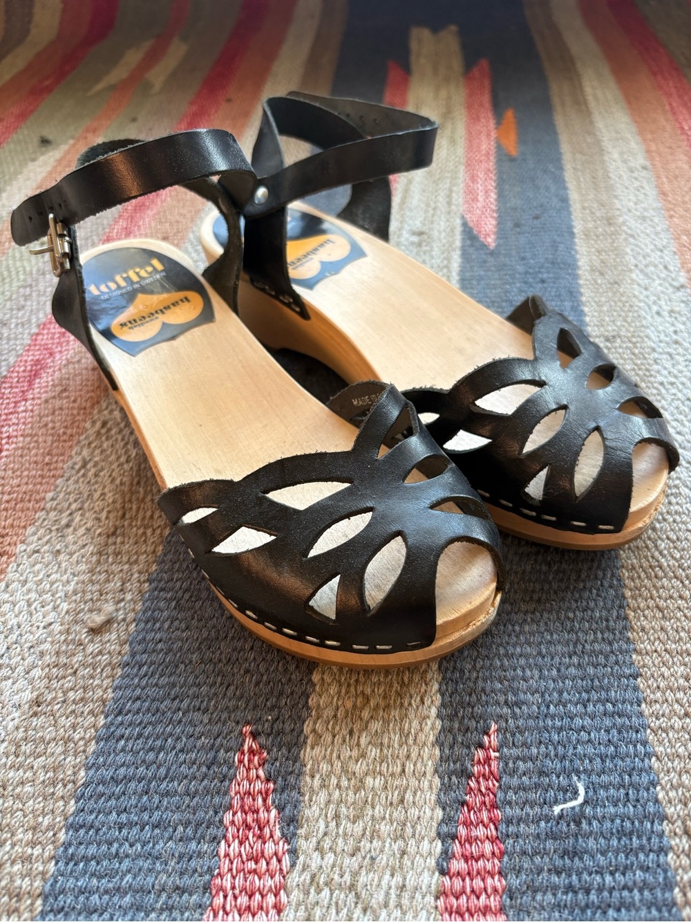 Swedish Hasbeens Black Leather Maryjane Clogs Strappy Cutouts